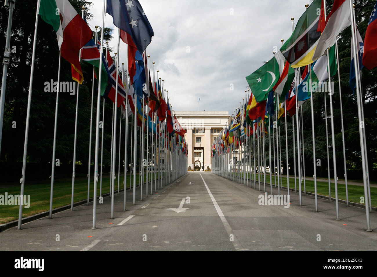 Bandiere, Ufficio delle Nazioni Unite a Ginevra (ONUG), Geneve, Svizzera. Foto Stock