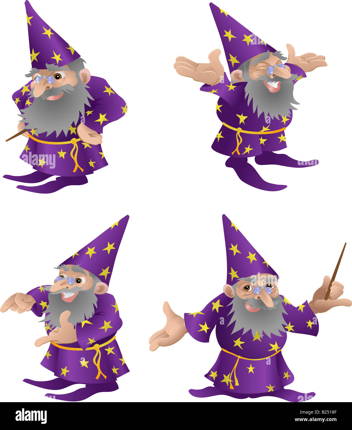 Illustrazione guidata. Una illustrazione di un molto funky friendly wizard in quattro diverse pose Foto Stock