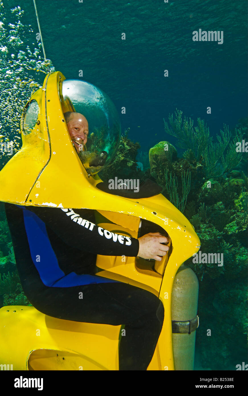 Valutazione in giallo sottomarini sulla barriera corallina Stuart Cove s Dive Nassau Paradise Island Bahamas Foto Stock