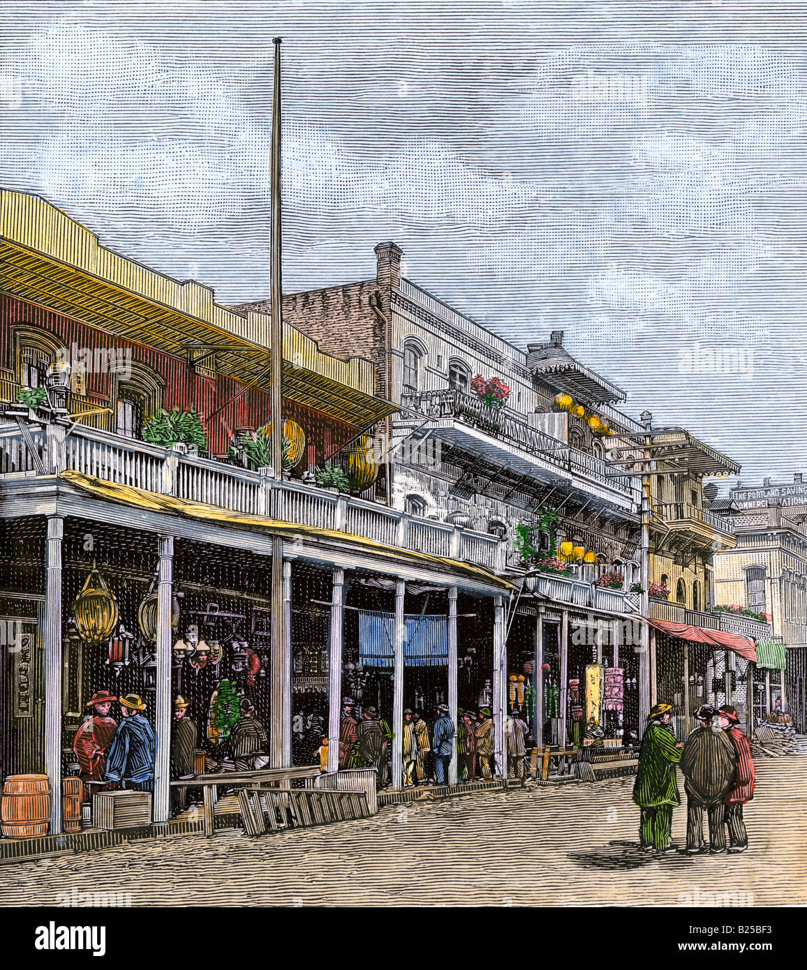 Immigrati asiatici in Portland Oregon vicino al post office 1880. Colorate a mano la xilografia Foto Stock