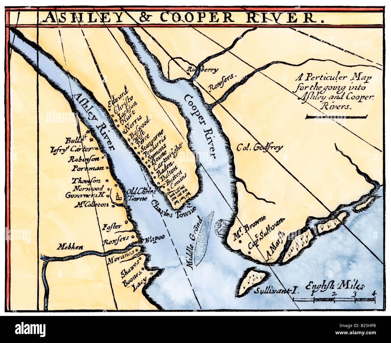 Mappa coloniale del Ashley Cooper e fiumi, sito di Charleston South Carolina 1600s. Colorate a mano la xilografia Foto Stock