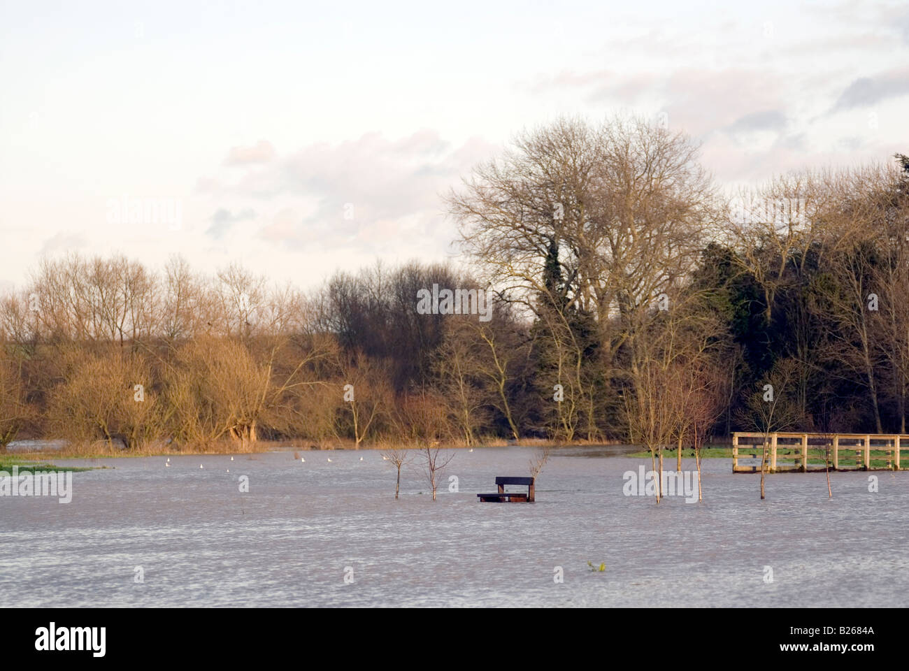 Una panchina nel parco da un fiume allagata a Newport Pagnell vicino a Milton Keynes città di Milton Keynes Foto Stock