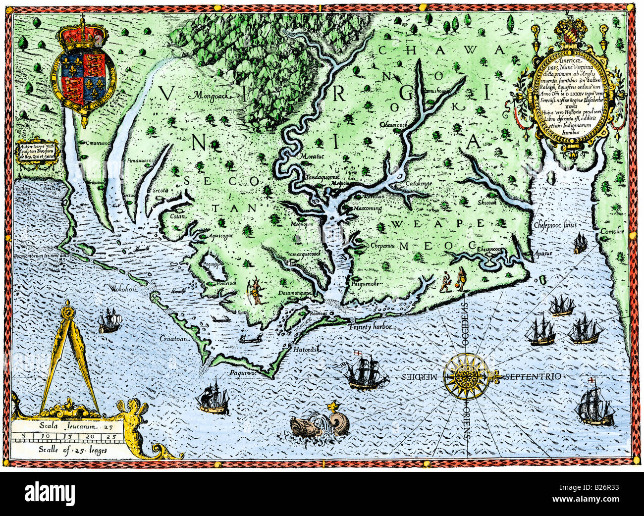 Thomas Harriot mappa della Virginia 1588. Colorate a mano la xilografia Foto Stock