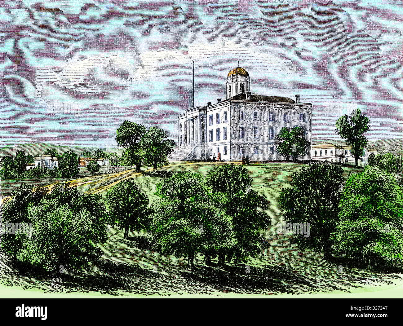 Vecchio Texas State Capitol prima del 1881, quando è bruciato, Austin in Texas. Colorate a mano la xilografia Foto Stock