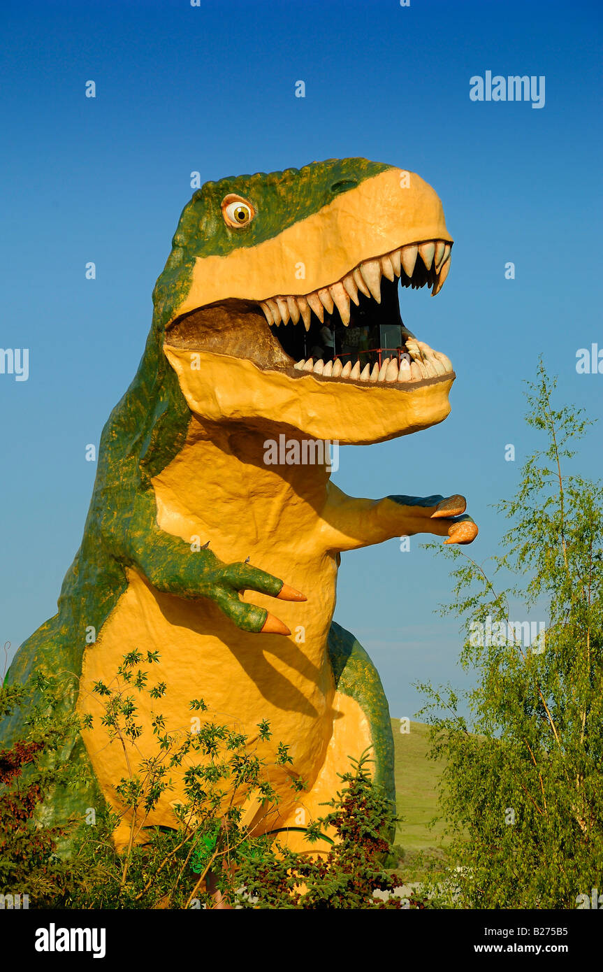 Tyrannosaurus Rex sopra gli alberi. Modello a Drumheller in Alberta, Canada Foto Stock