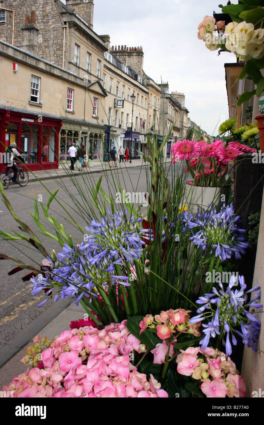 Fiori per la vendita al di fuori di negozi in Argyle Street, Città di Bath, Somerset, Inghilterra Foto Stock