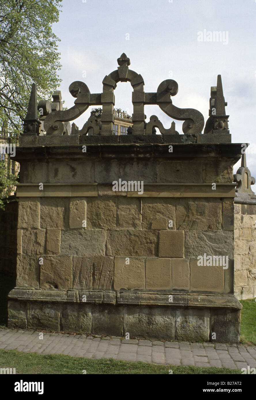 Muratura dettaglio Hardwick Hall Derbyshire Elizabethan strapwork sedicesimo secolo Foto Stock