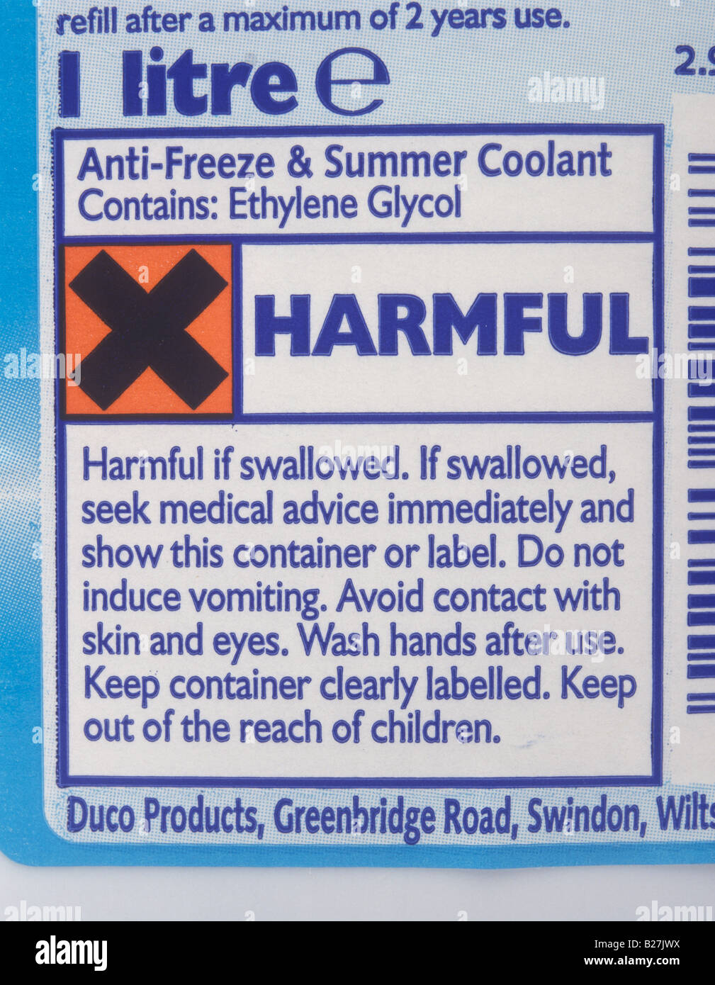Etichetta di avvertimento sulla bottiglia di antigelo Foto Stock