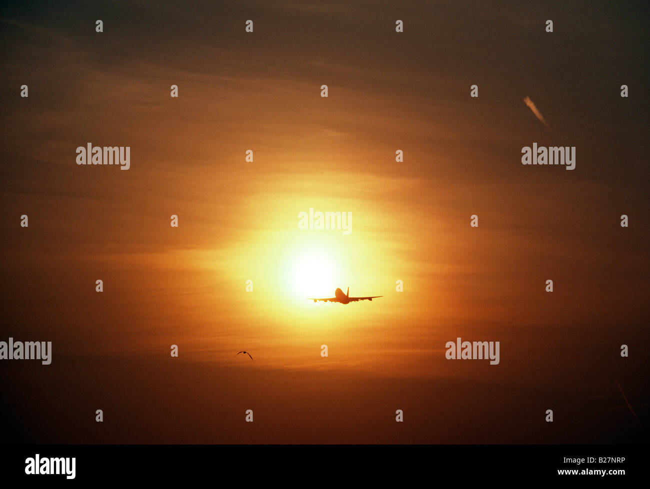 Gli aeromobili commerciali jet volare nell'arancione, regolazione del sole Foto Stock