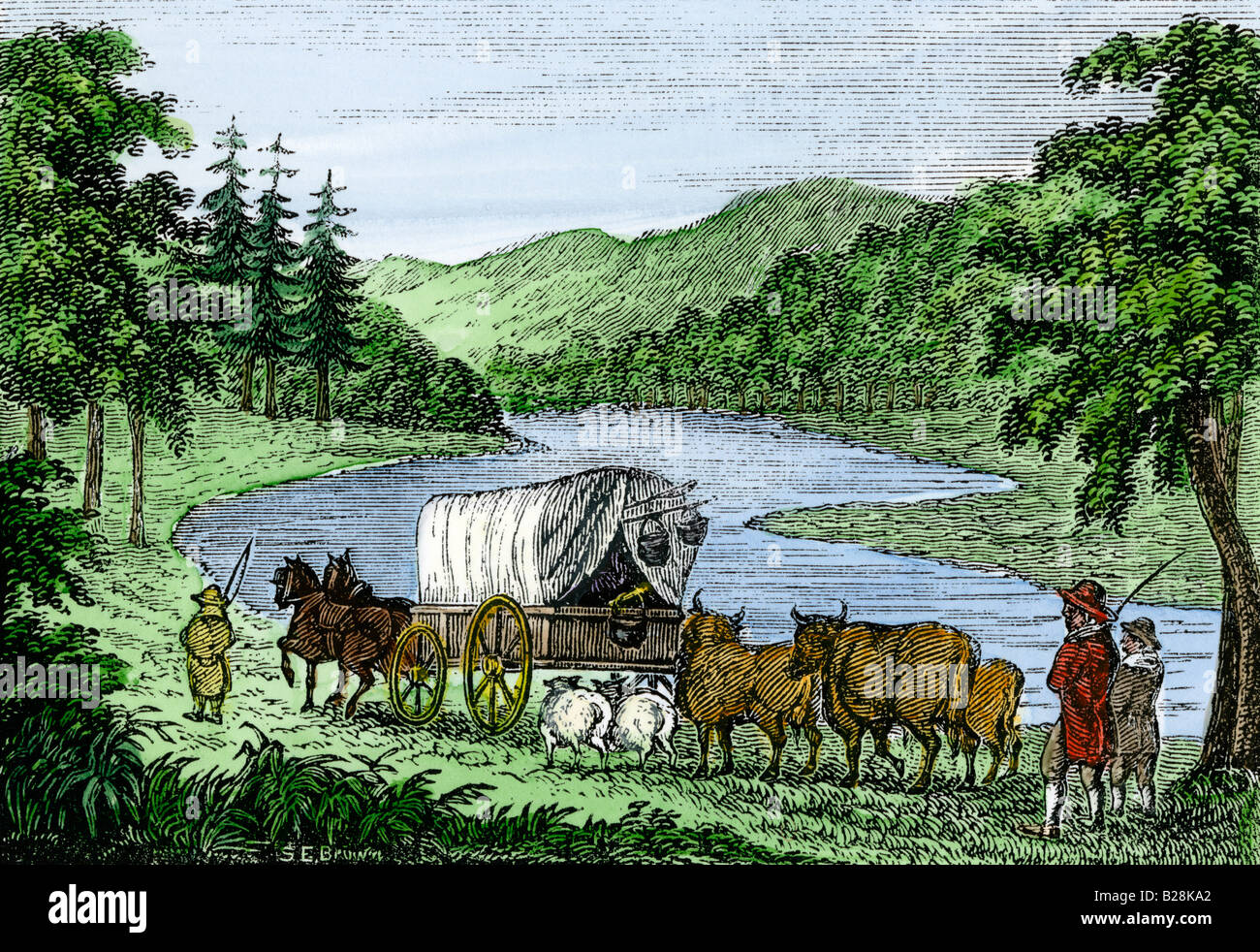 I primi colonizzatori del Vermont seguendo il fiume Connecticut valley verso settentrione. Colorate a mano la xilografia Foto Stock