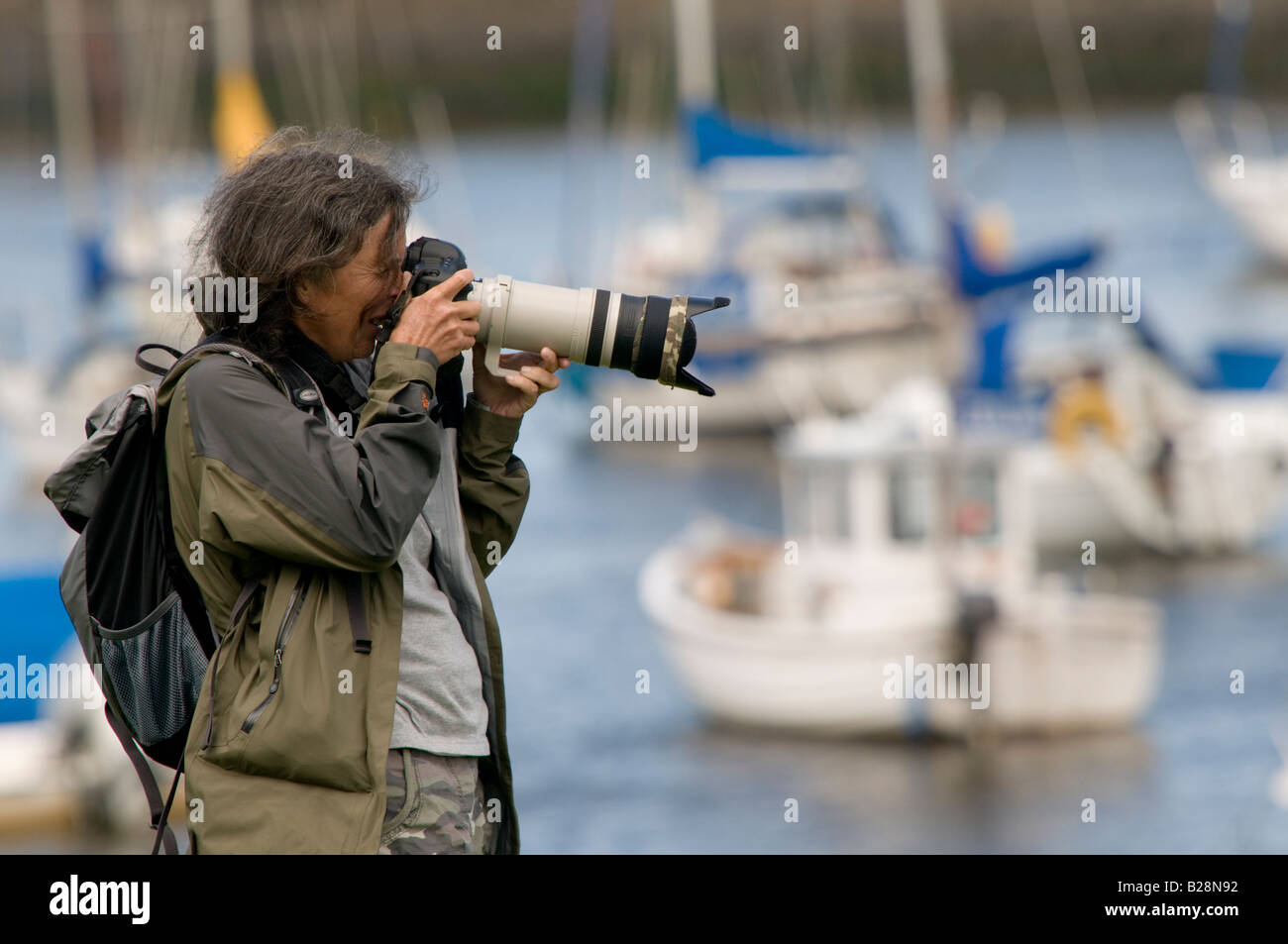 Donna fotografo fotogiornalista utilizzando una Canon DSLR fotocamera digitale e lunga teleobiettivo con zoom, Wales UK Foto Stock