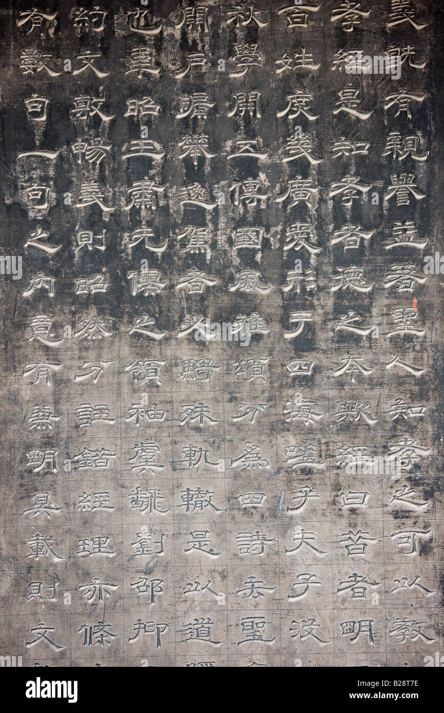 I caratteri cinesi dettagli dalla foresta di tavolette di pietra conosciuta anche come la foresta di stele Xian Cina Foto Stock