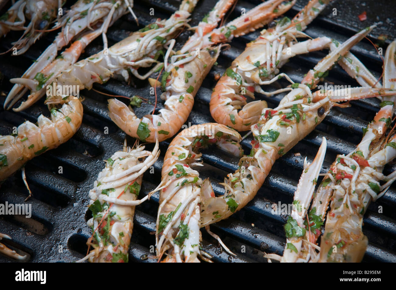 Langoustine [Scampo] La cottura sulla griglia a Cardigan Bay seafood festival Galles Aberaeron, Luglio 2008 Foto Stock