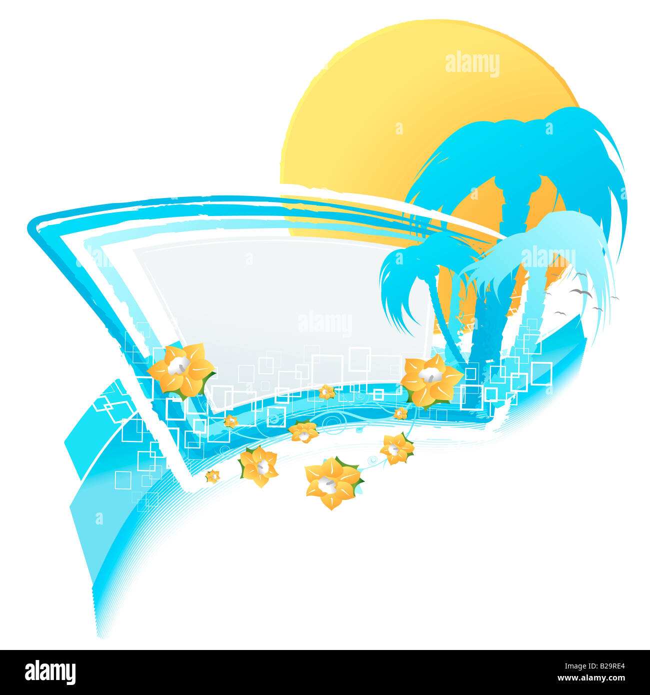 Illustrazione vettoriale di una moderna estate elemento di design con intestazione vuota elementi floreali tramonto e silhouette di palme Foto Stock