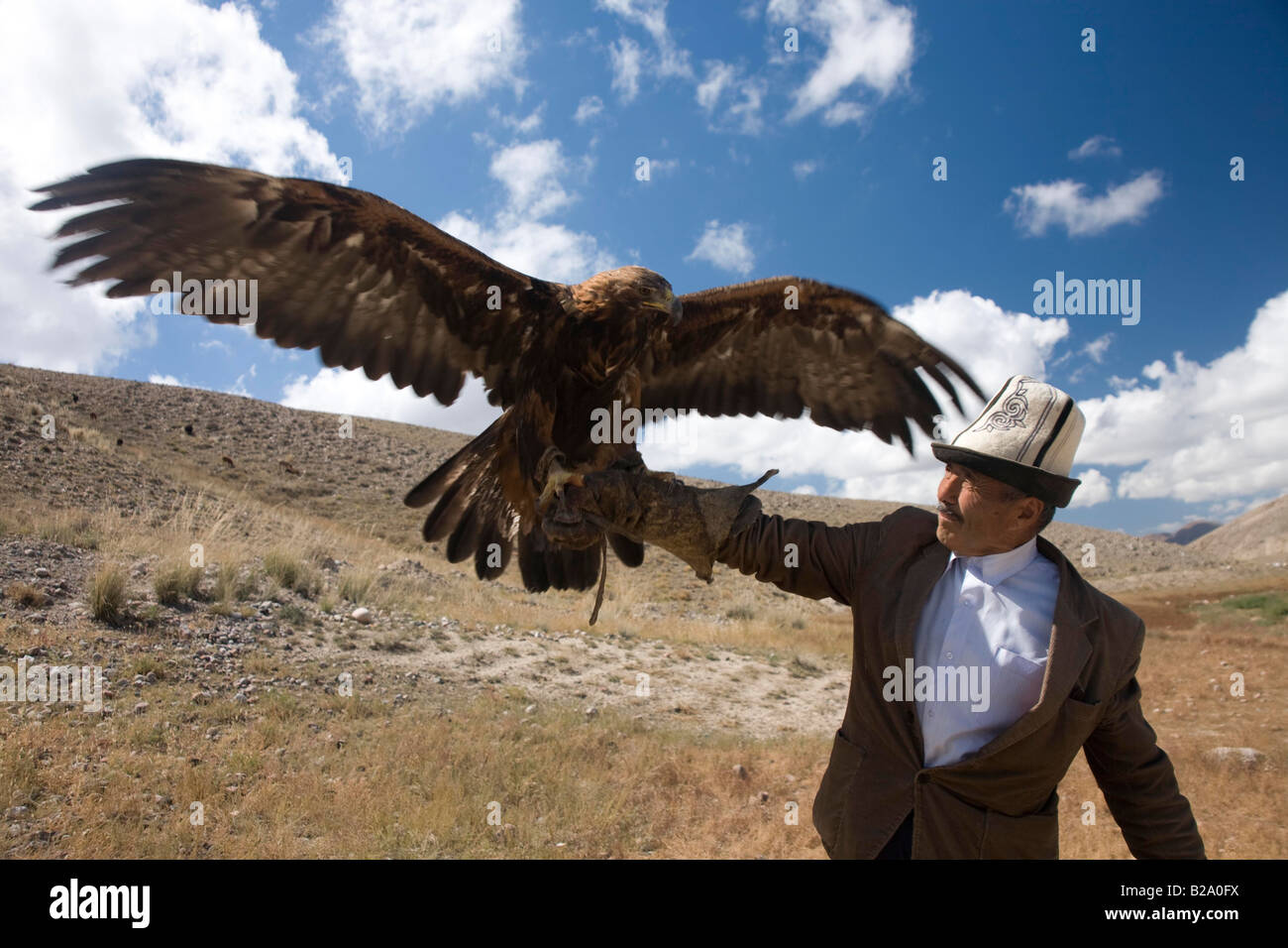Via della Seta Kyrgyzstan Karakol Issyk Kul Lago Villaggio Kochten Trainer con steppe Eagle Foto Stock