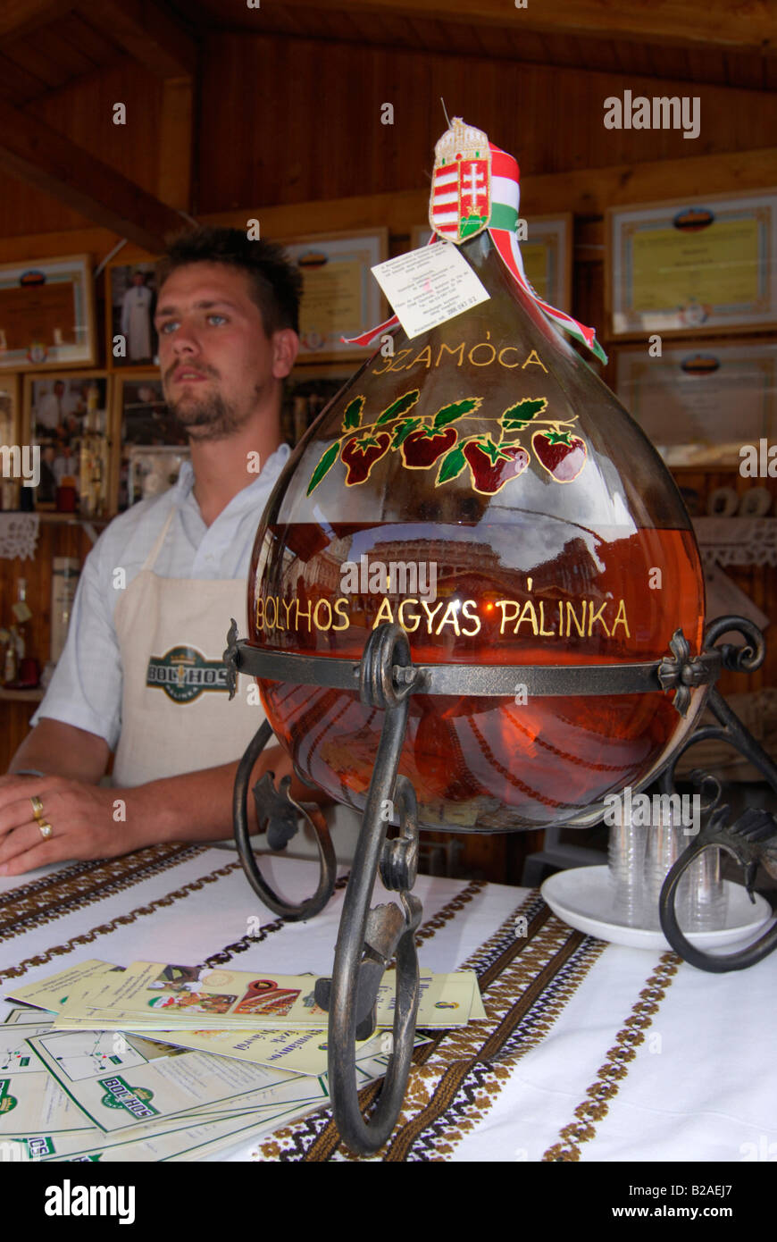 Bottiglia grande di Acquavite Grappa festival di gastronomia il quartiere del Castello di Budapest Ungheria Europa Foto Stock