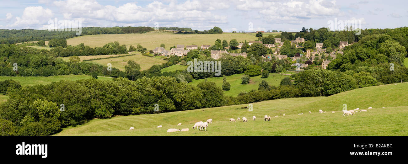 Pecore al pascolo sulle colline che racchiude il villaggio Costwold di Snowshill, Gloucestershire Foto Stock