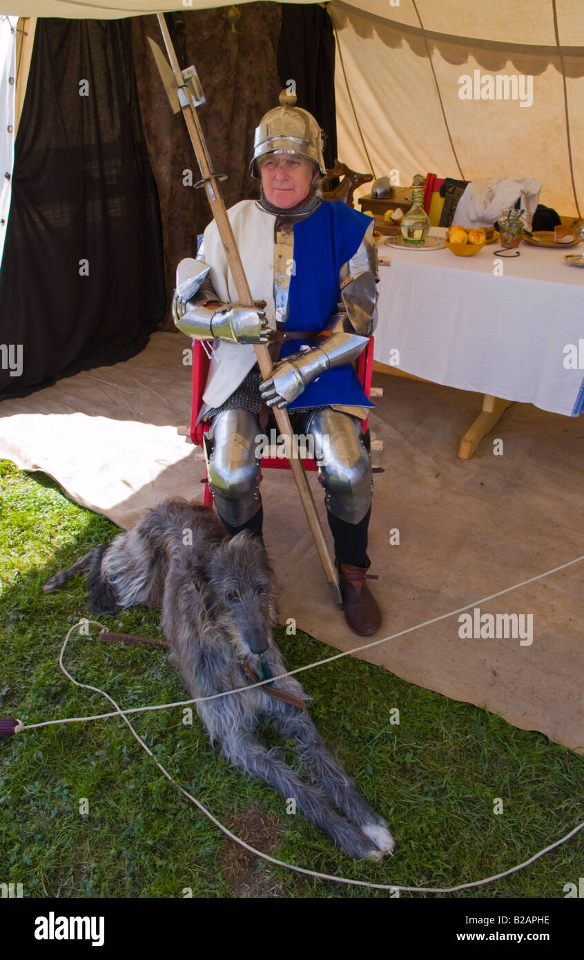 Reenactor con deerhound a Tewkesbury Festival medievale Worcestershire UK UE Foto Stock