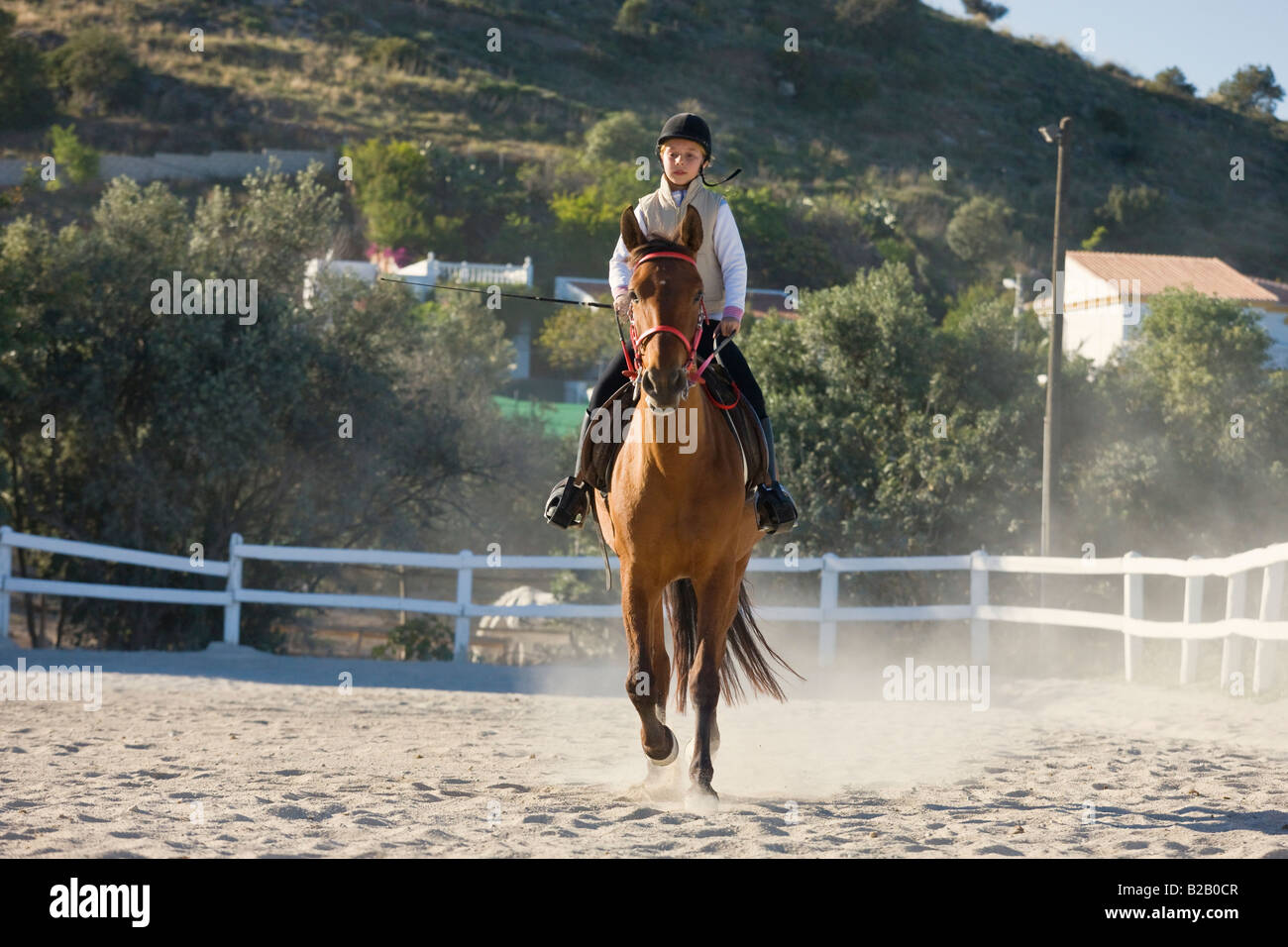 9 anno vecchia ragazza di equitazione Foto Stock