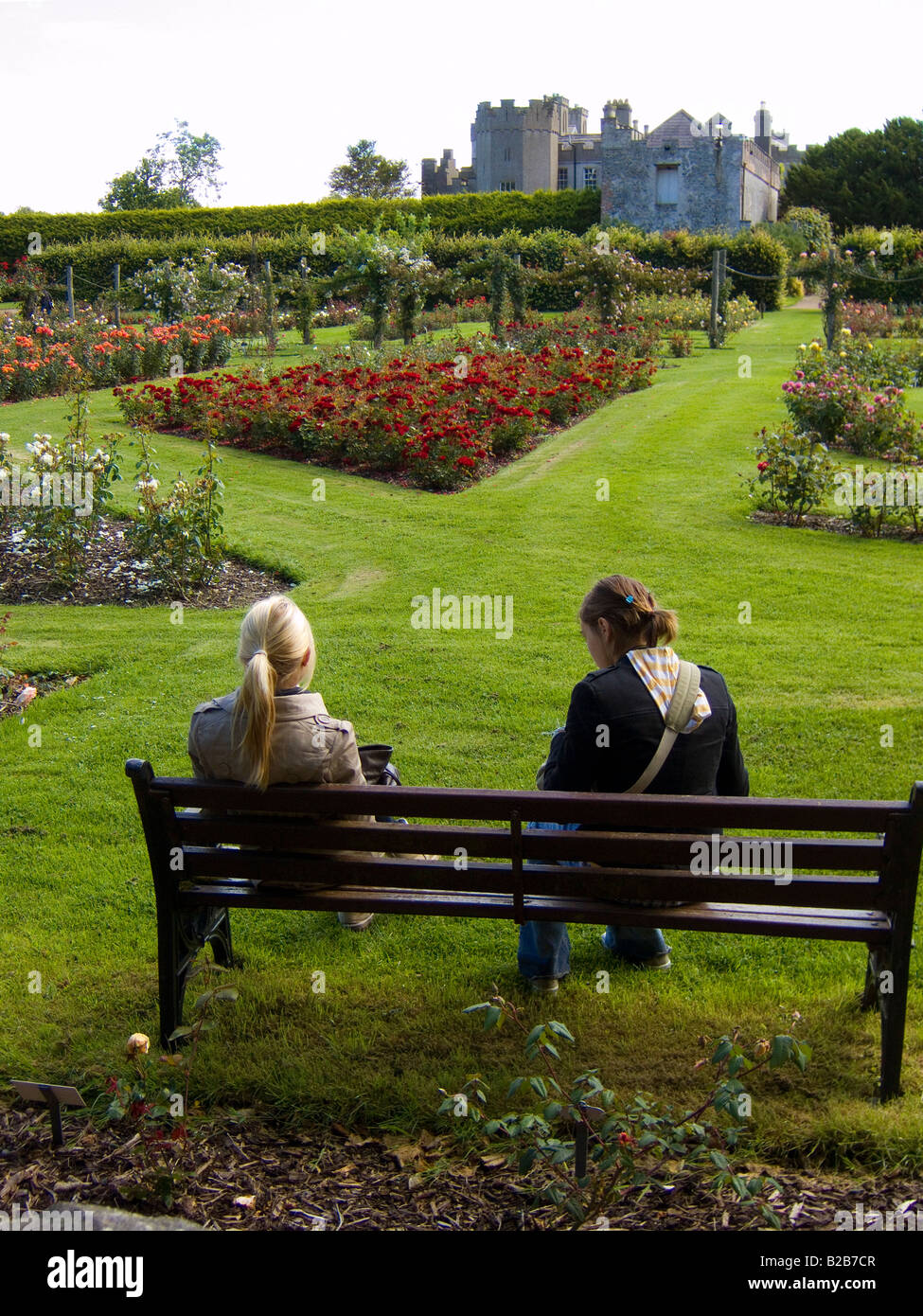 Nel giardino di rose di Ardgillan Park, North County Dublin, Irlanda, con il castello in background Foto Stock
