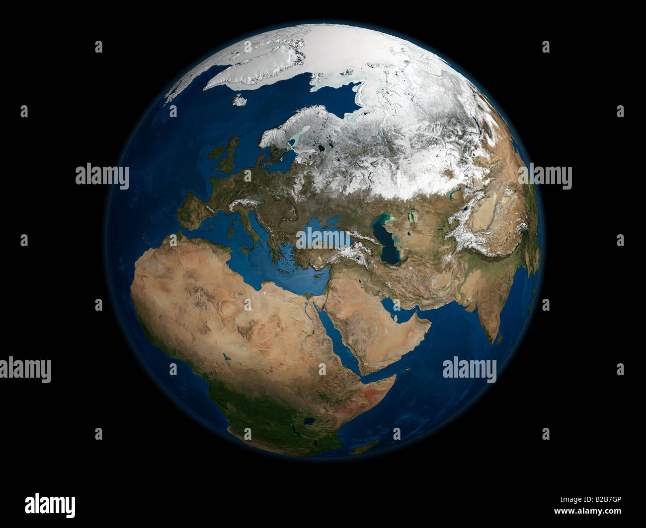Una vista globale in Europa e Scandinavia mostra mare Artico ghiaccio. Foto Stock