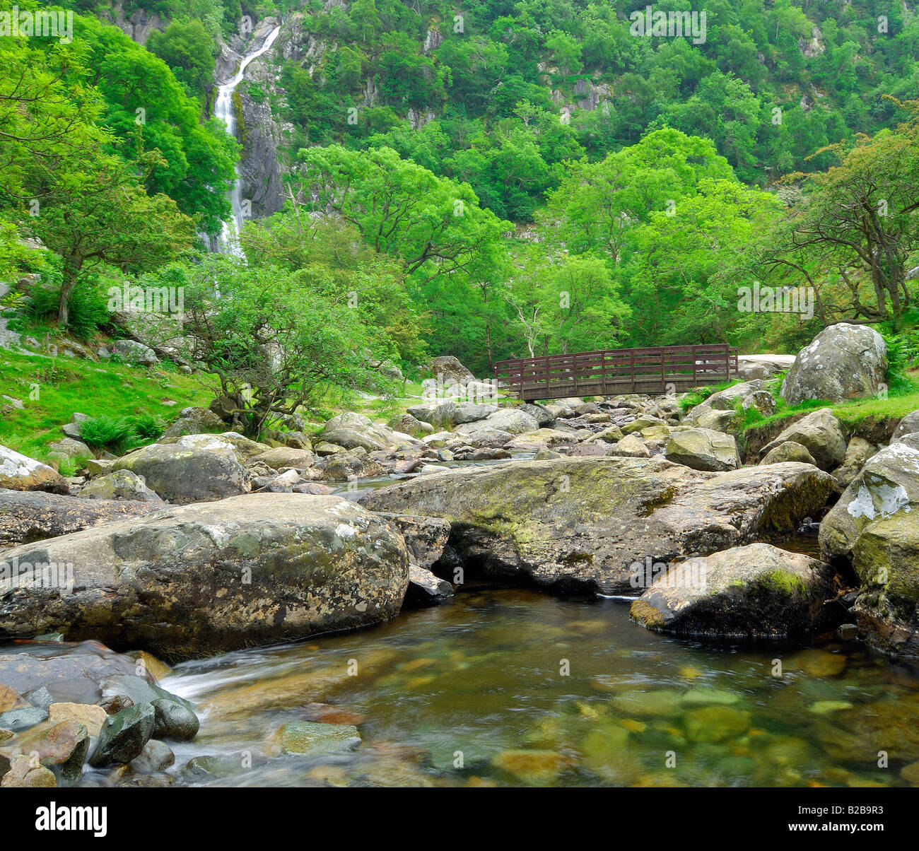 Afon Rhaeadr Fawr vicino a Bangor nel Galles del Nord che scorre attraverso Coedydd Aber con Aber cade in background Foto Stock
