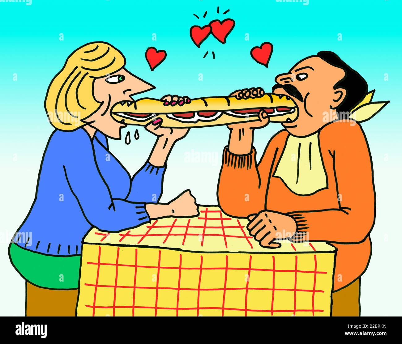 Illustrazione: giovane mangiare grandi sandwich. Foto Stock