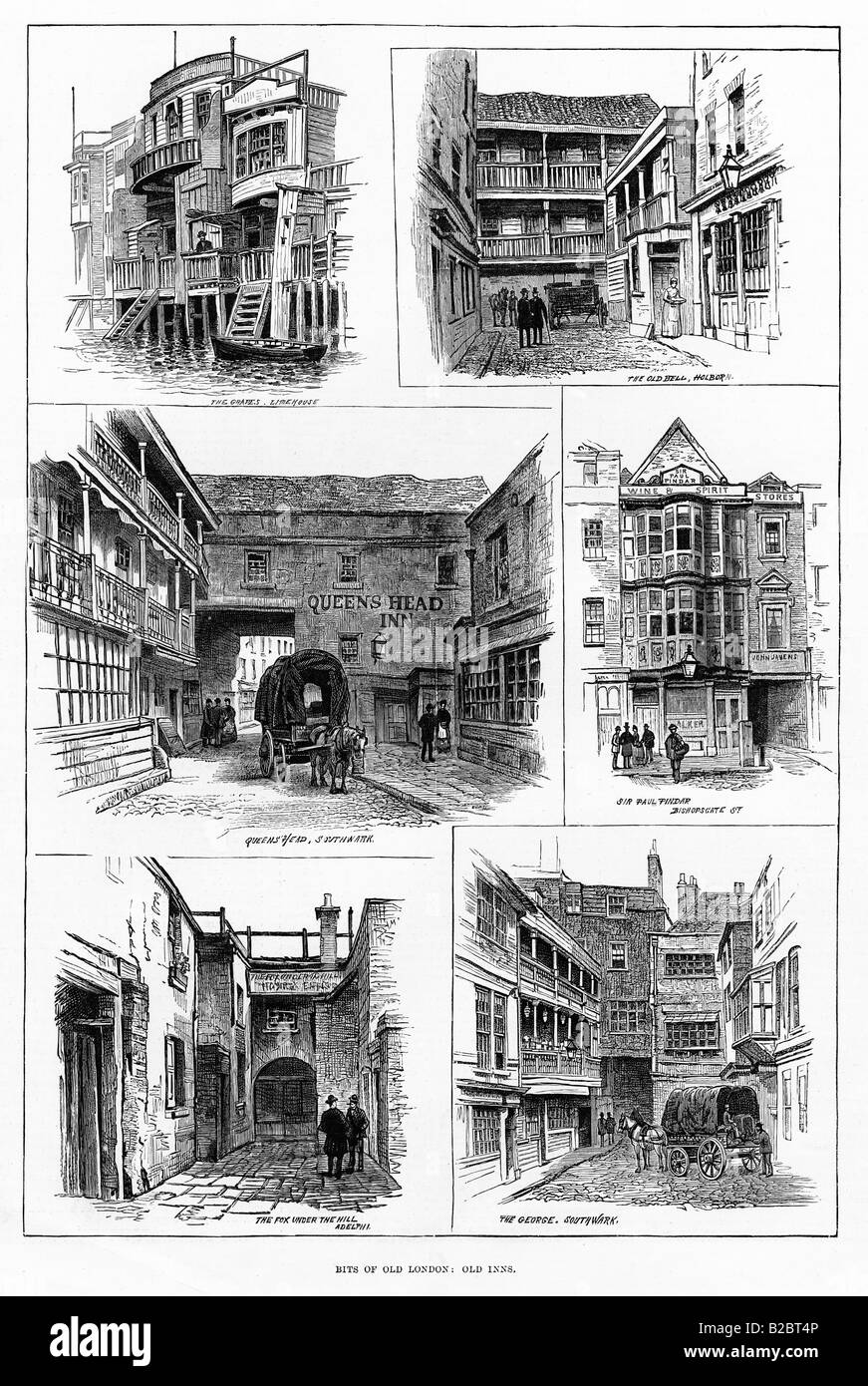 Vecchie osterie di Londra 1887 incisione di uve Old Bell Queens Head George Sir Paul Pindaro e la Volpe sotto la collina Foto Stock