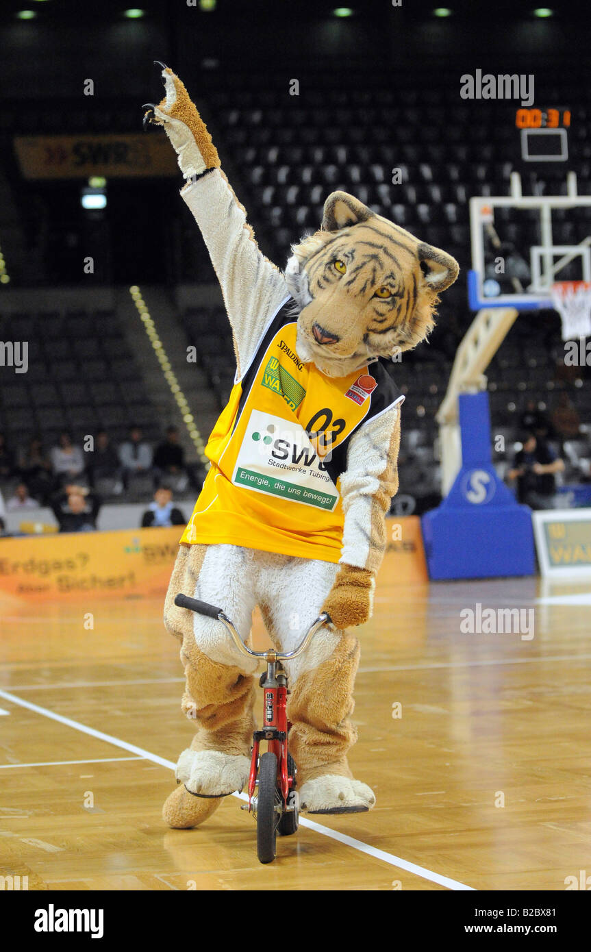 Mascotte Tigerle, poco tiger, WALTER Tigers Tuebingen rispetto a EnBW Ludwigsburg, Basketball-Bundesliga 2007-2008, Stuttgart City Foto Stock