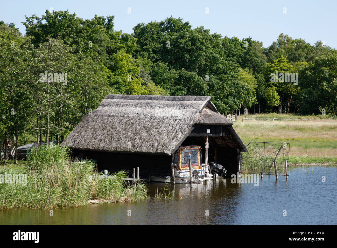 Il Boathouse, Prerow Mar Baltico Spa, Prerower Stream, Darss, Meclemburgo-Pomerania Occidentale, Germania, Europa Foto Stock