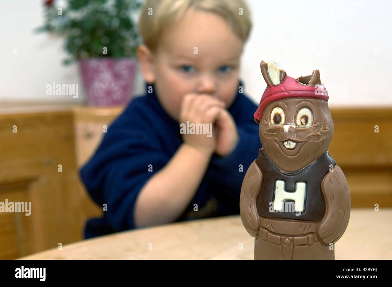 3 anno-vecchio ragazzo seduto dietro un cioccolato coniglietto di pasqua con morso off orecchie Foto Stock