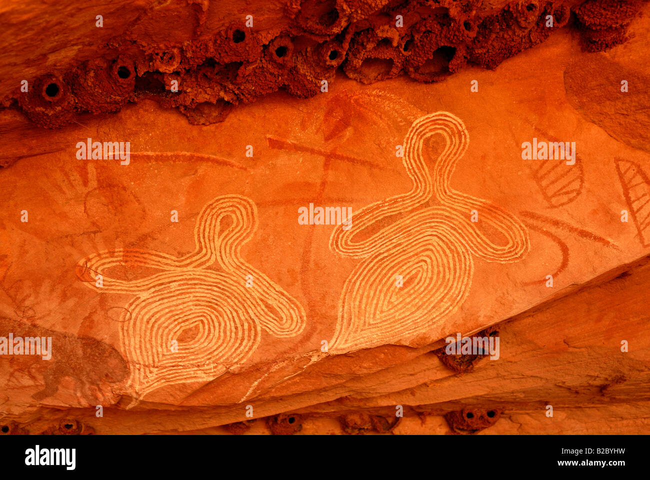 Arte rupestre degli Aborigeni raffiguranti crag martins nidi, a sud di Alice Springs, Territorio del Nord, l'Australia Foto Stock