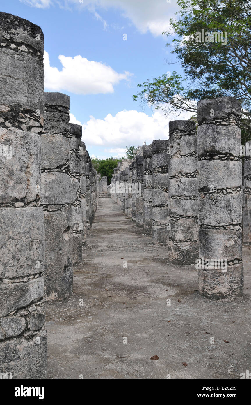 Tempio dei Guerrieri, est colonnato, Zona Nord, a Chichen Itza, nuova meraviglia del mondo, Maya e Toltec excav archeologico Foto Stock