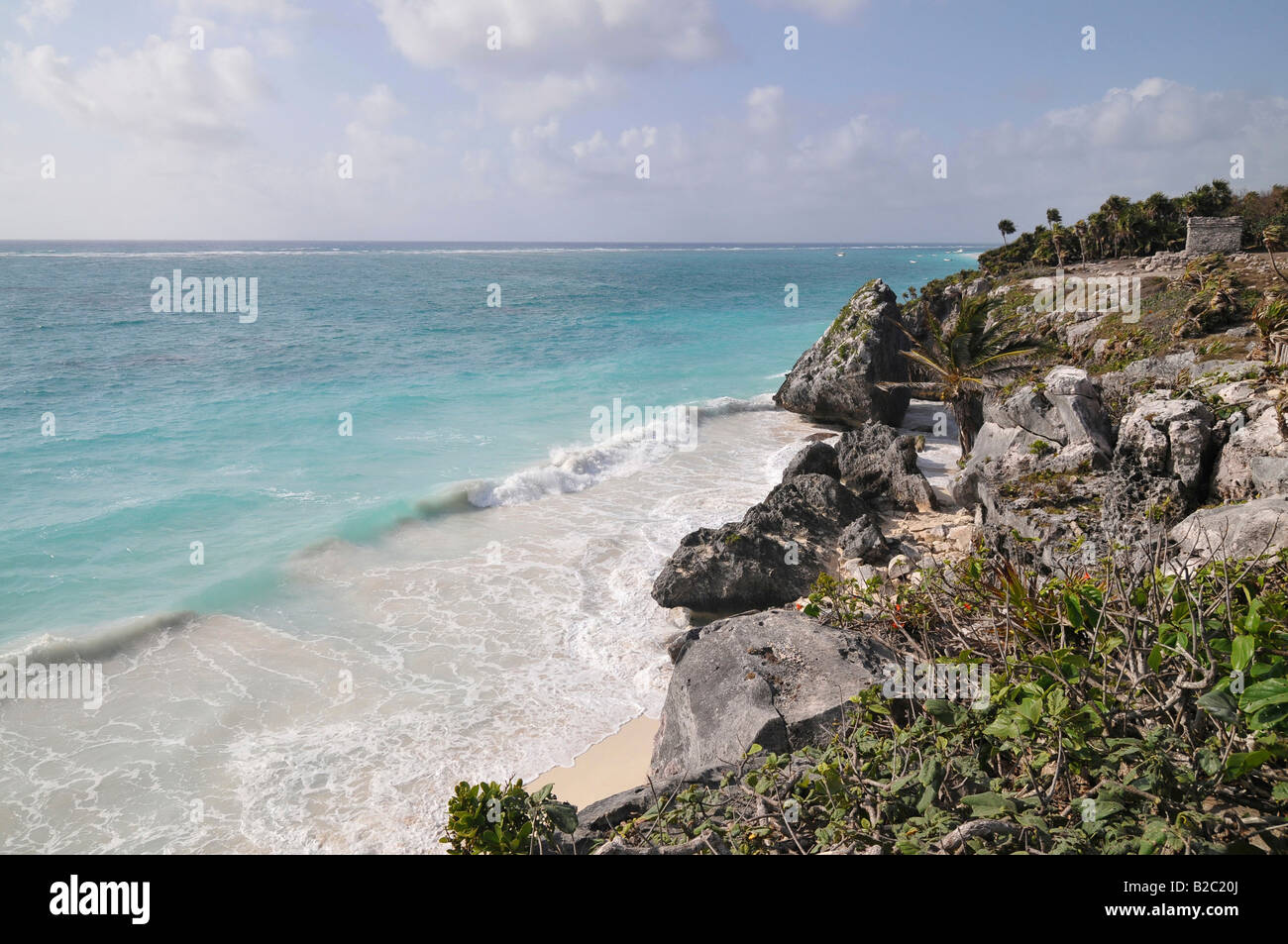 Baia ai piedi del castello, El Castillo, Tulum, Maya scavo archeologico, , la penisola dello Yucatan, Messico, America Centrale Foto Stock