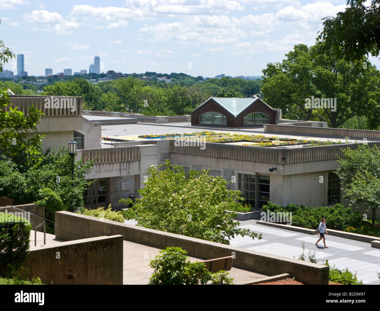 Tisch libreria con il tetto verde, Tufts University, Medford, edificio edifici domestici, USA con vista di Boston in background Foto Stock