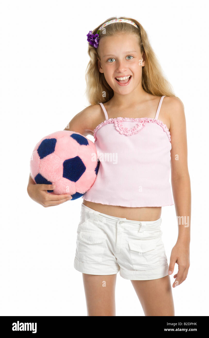 Giovane ragazza carina con pelo toy pallone da calcio Foto Stock