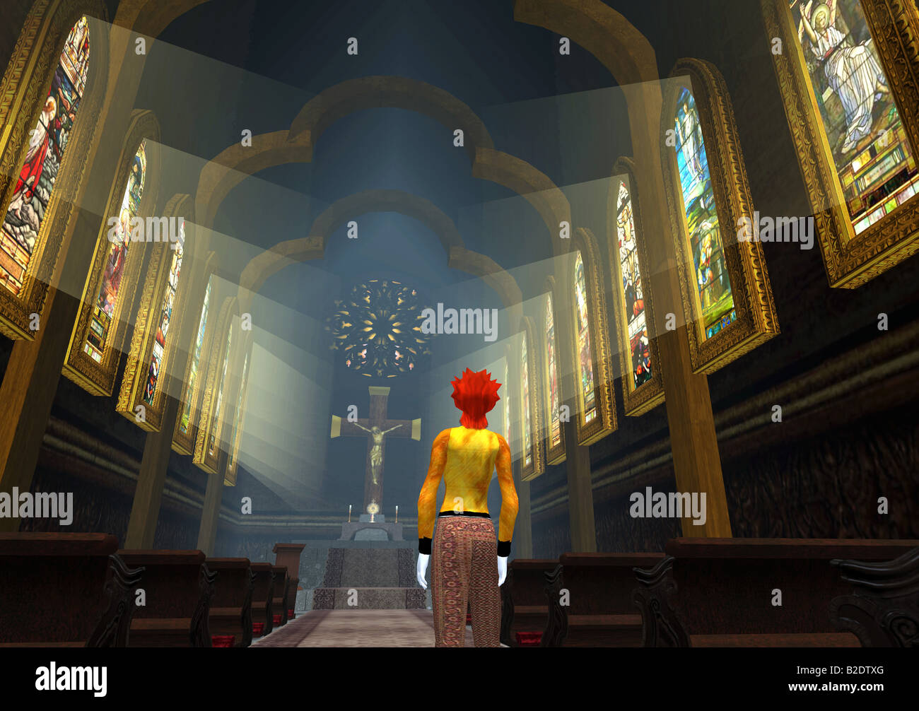 Seconda Vita: un computer grab di una chiesa del mondo virtuale di Second Life Foto Stock