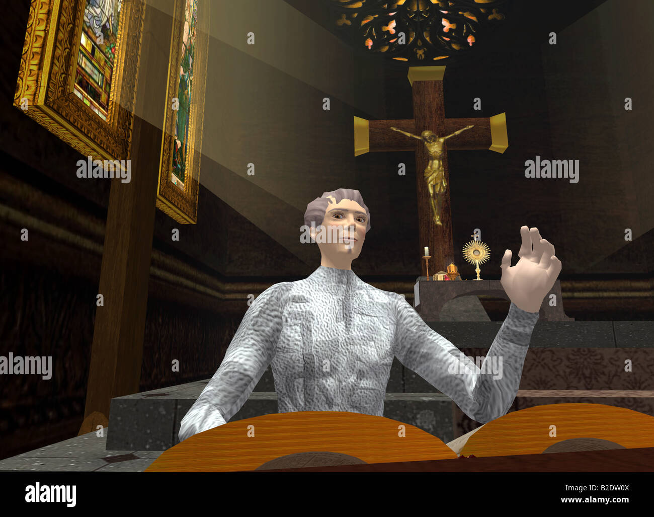 Seconda Vita: un computer grab di una chiesa del mondo virtuale di Second Life Foto Stock