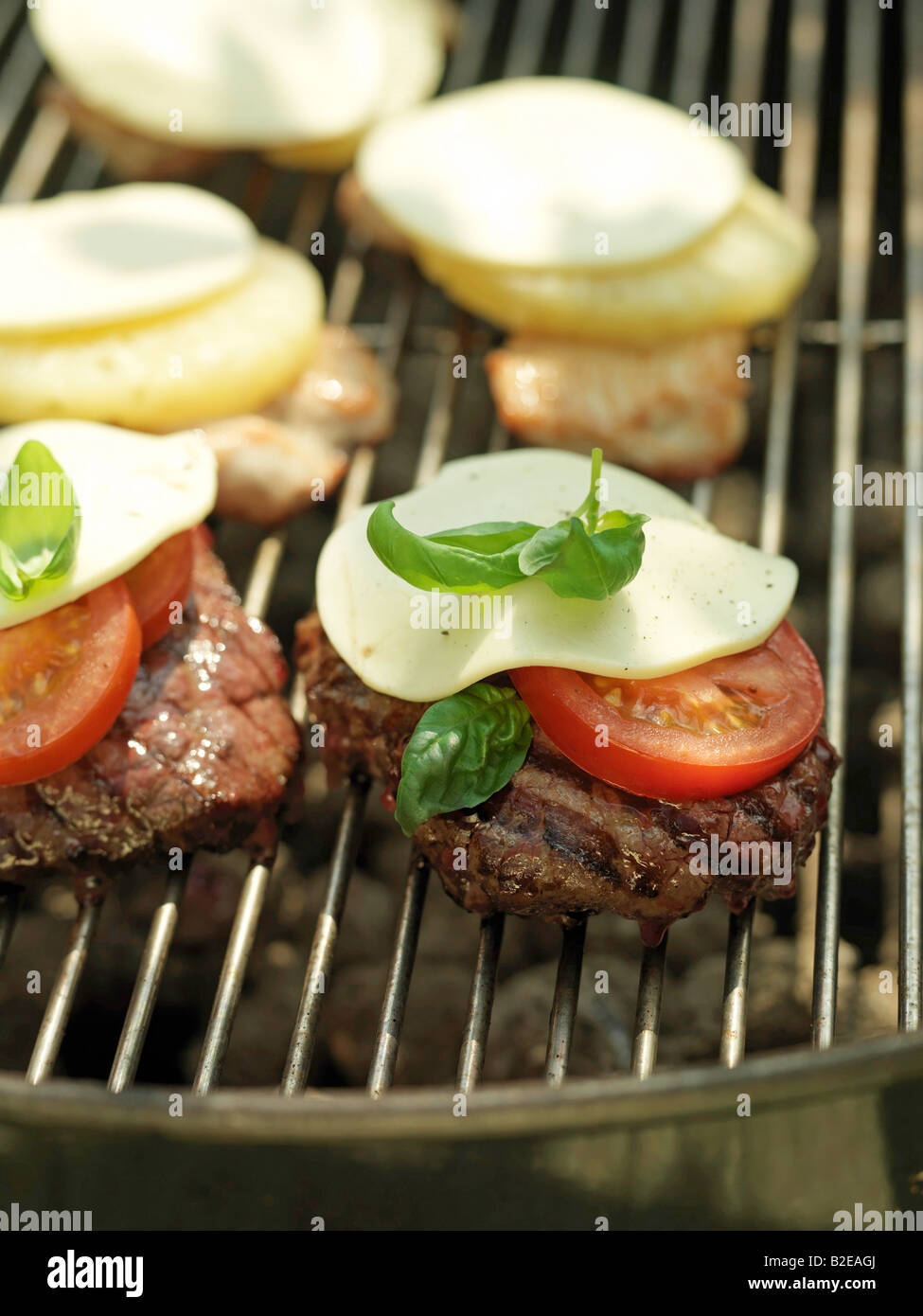 Close-up di pezzi di carne e le fette di pomodoro su barbecue grill Foto Stock
