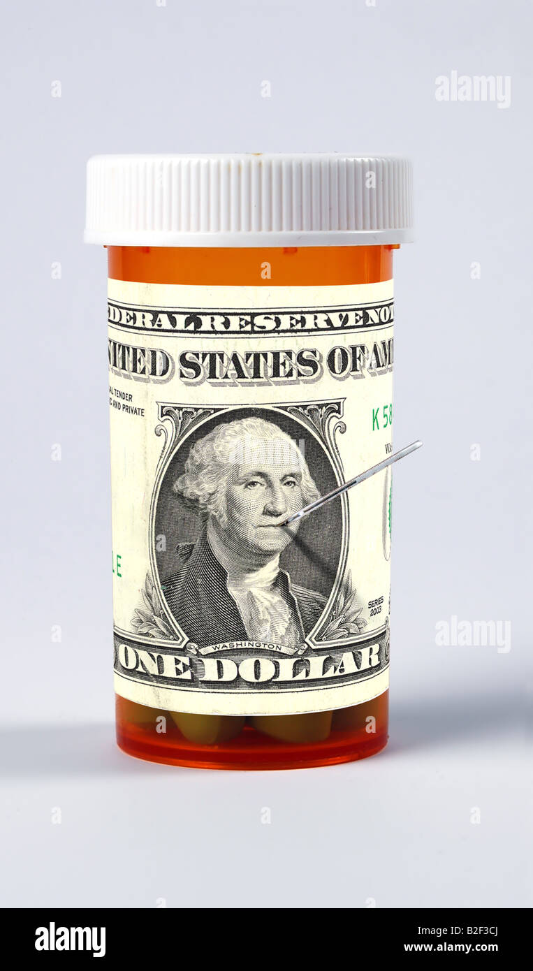 Dollaro come etichetta per un contenitore della medicina con George Washington e termometro in bocca Foto Stock