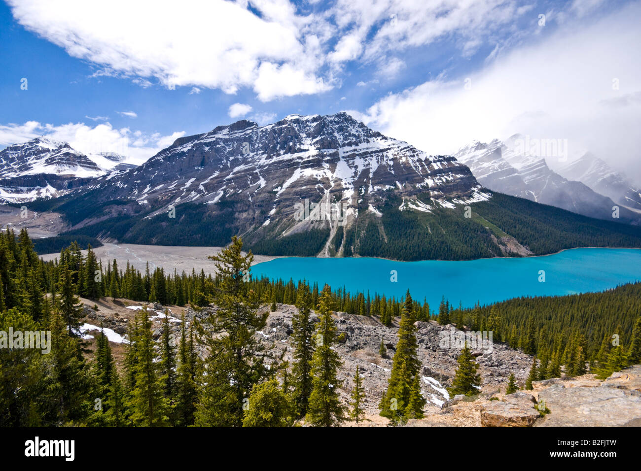 Il Lago Peyto visto dal Vertice di prua nel Parco Nazionale di Banff in Canada su un soleggiato giugno data Foto Stock