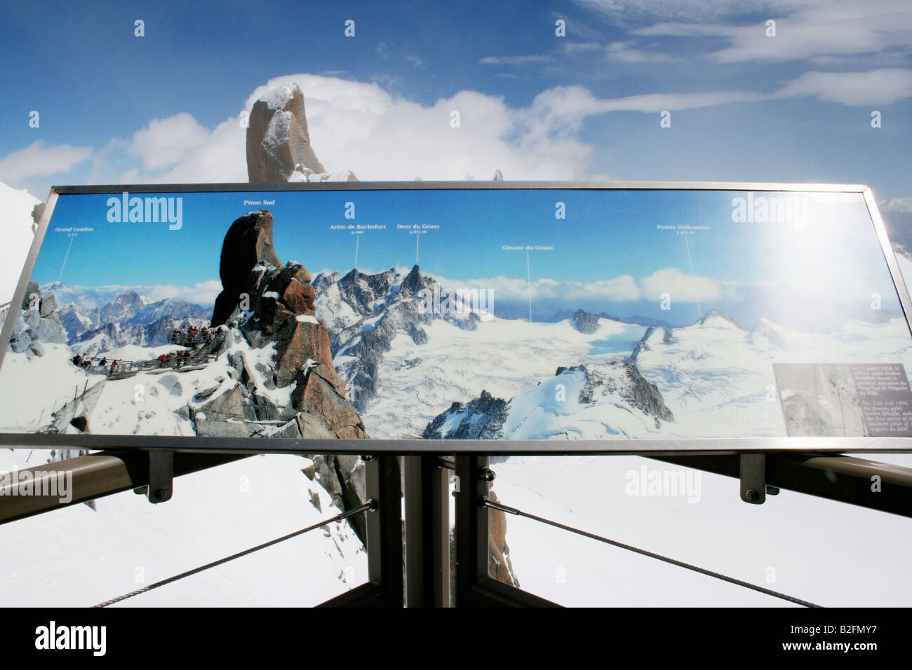 Neve, bridge, rock, ghiaccioli, Aigulle Du Midi, Chamonix Mont-Blanc, Francia, segno Foto Stock