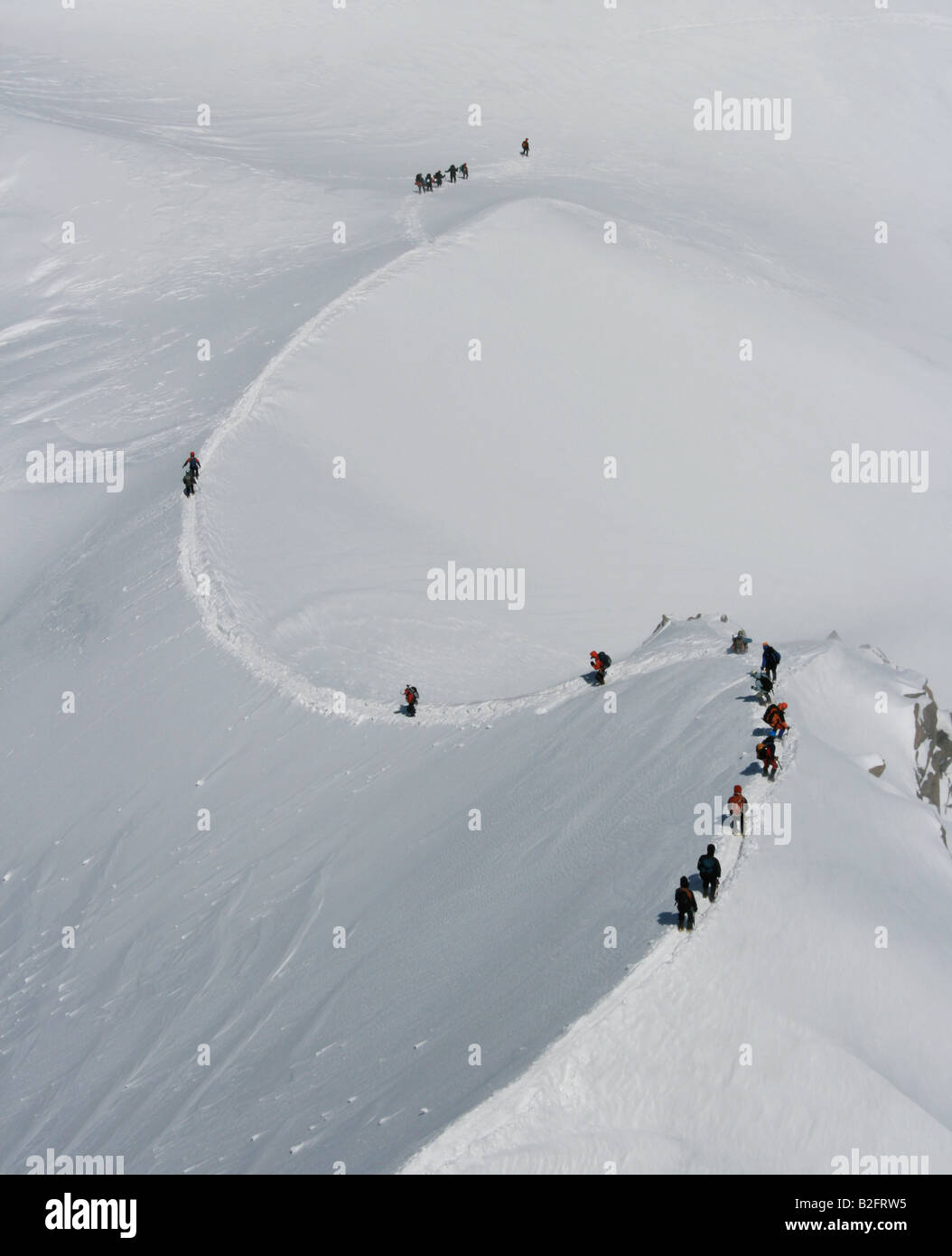 Alpinismo, neve Aigulle Du Midi, Chamonix Mont-Blanc, Francia, gli alpinisti, arrampicarsi snow trail, Foto Stock
