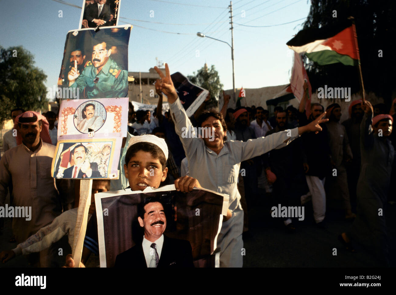 Anti-america pro-saddam hussein dimostrazioni di Mann, Giordania, durante la crisi del Golfo Foto Stock