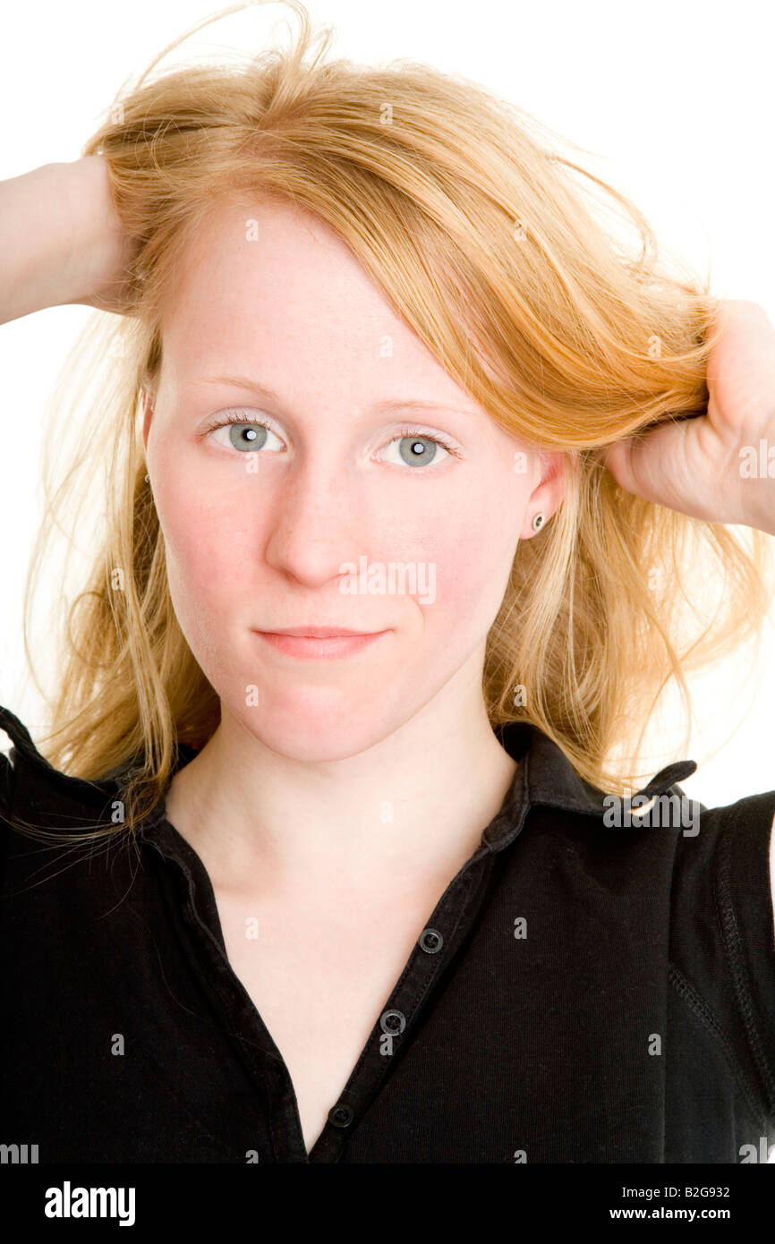 Ritratto di strappo dei capelli donna bionda Foto Stock