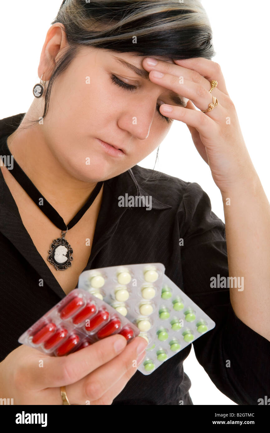 Donna mal di testa di prescrivere compresse della riforma sanitaria medico farmaceutica pillole idustry galenico Foto Stock