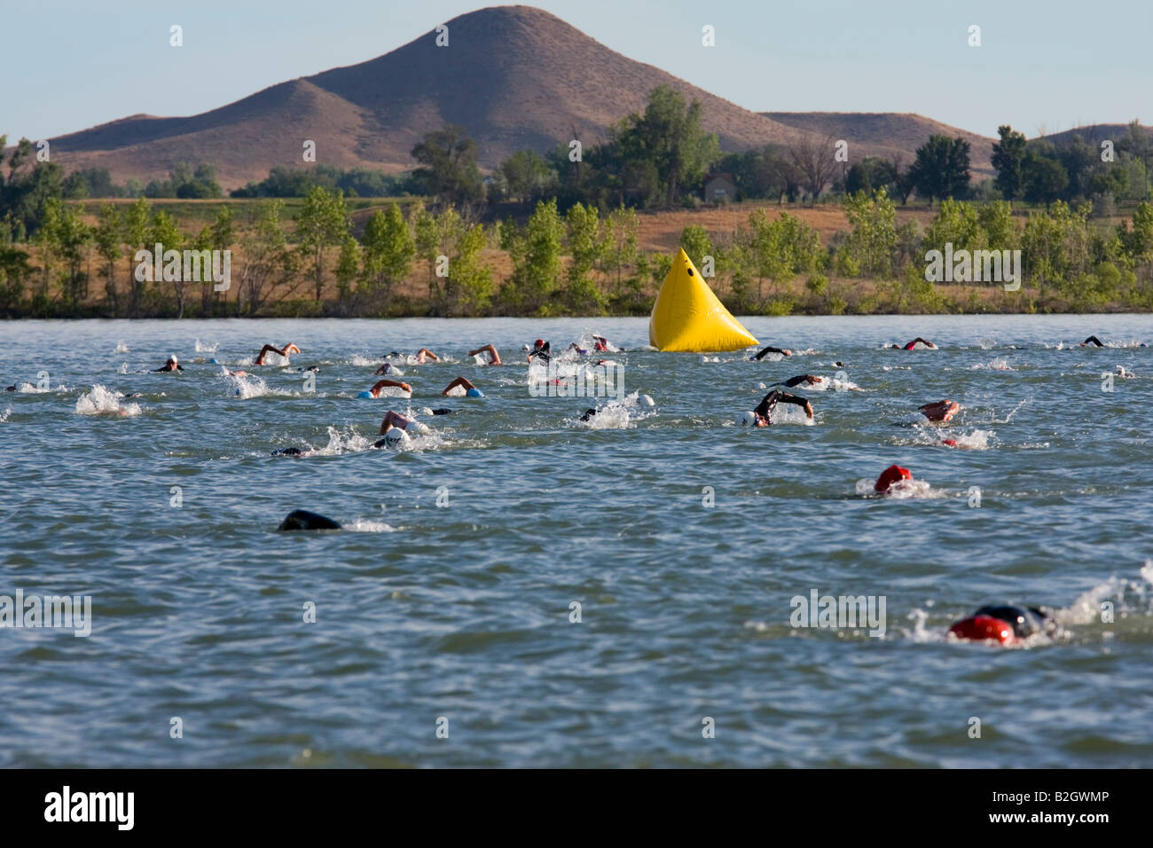 Nuotatori arrotondando il giro di boa di Boulder Triathlon di picco Foto Stock