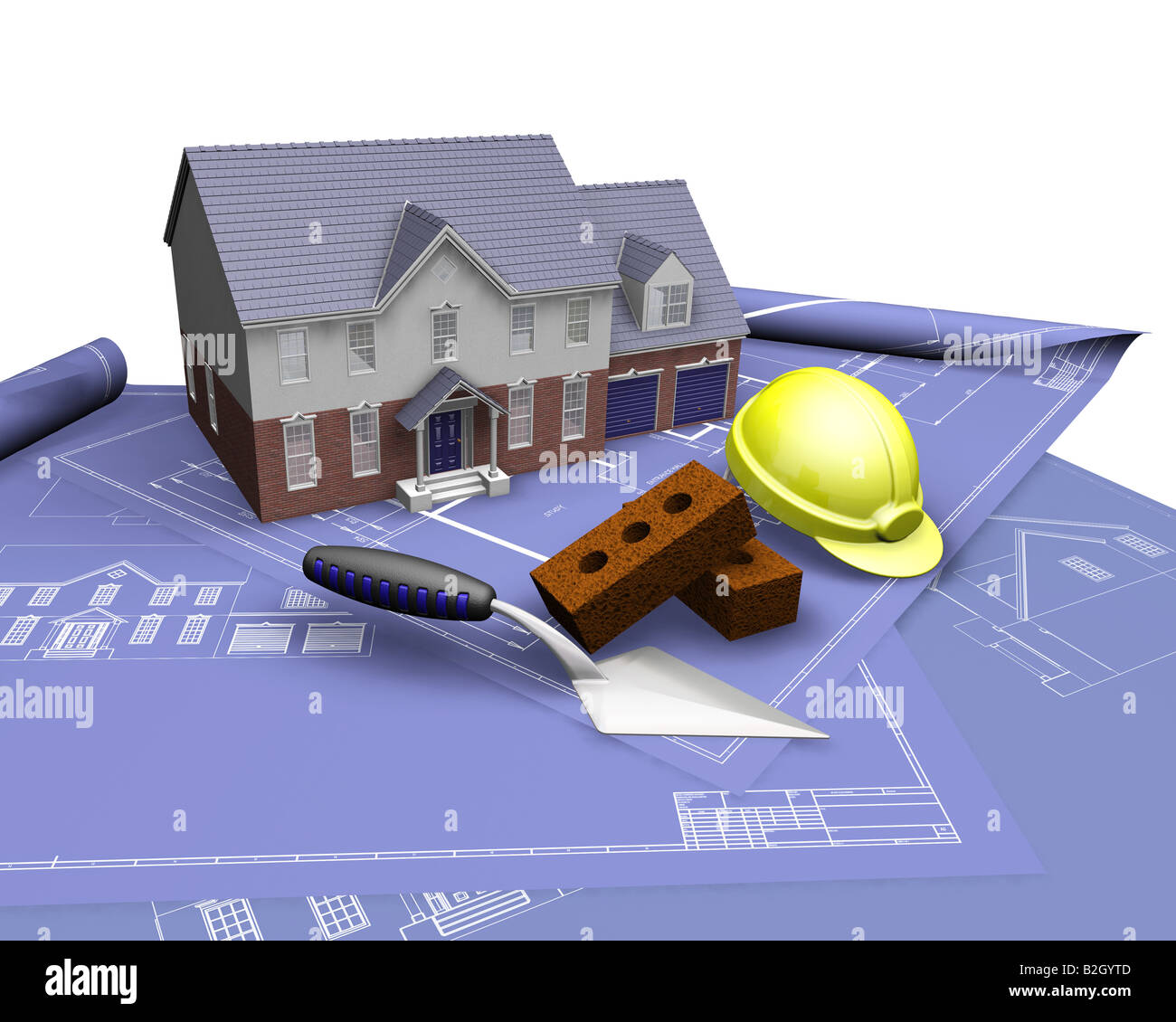 3D render di una casa su blueprint con strumenti di costruzione Foto Stock