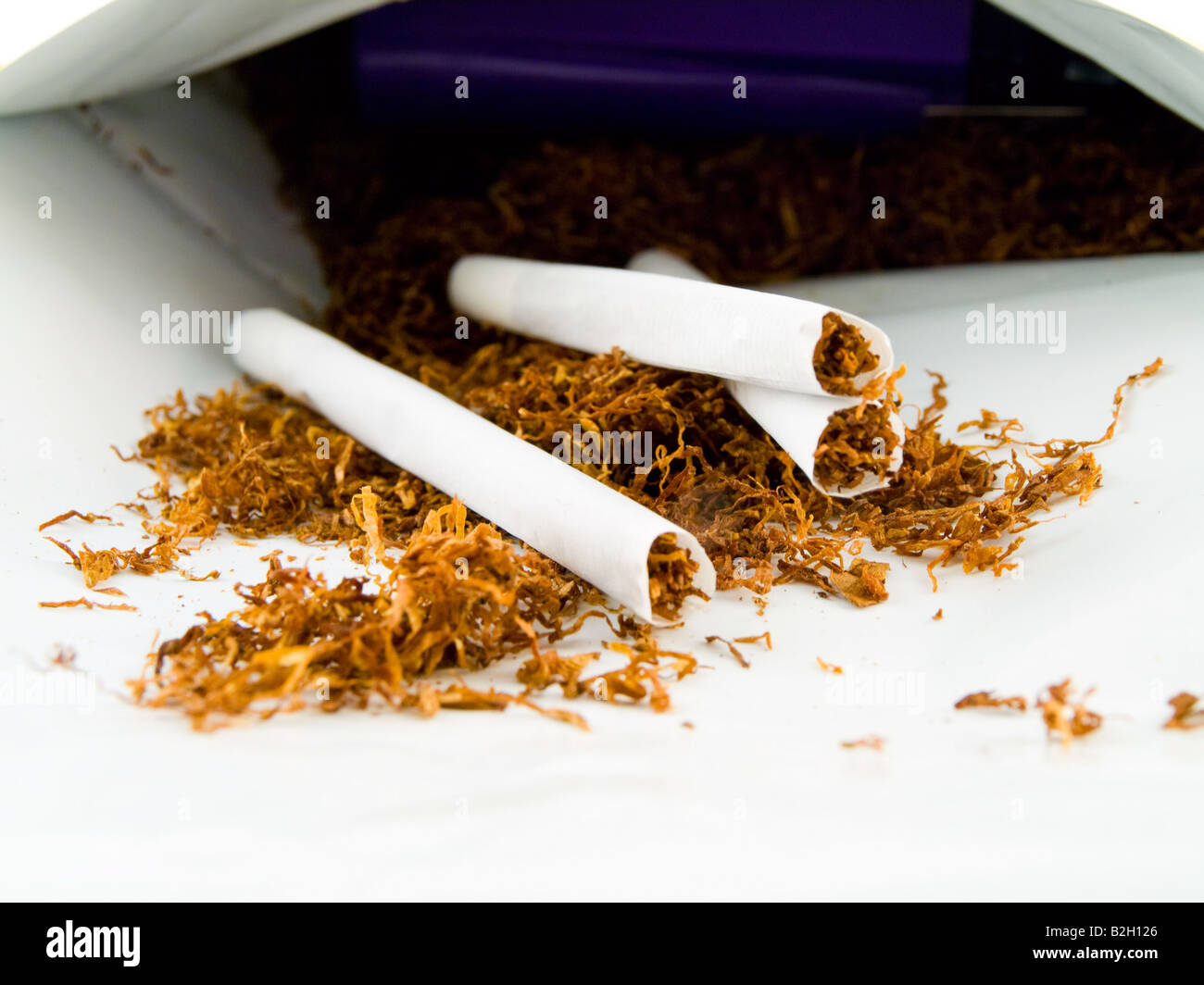 La laminazione a mano il tabacco e arrotolate a mano Cagarettes su sfondo bianco Foto Stock