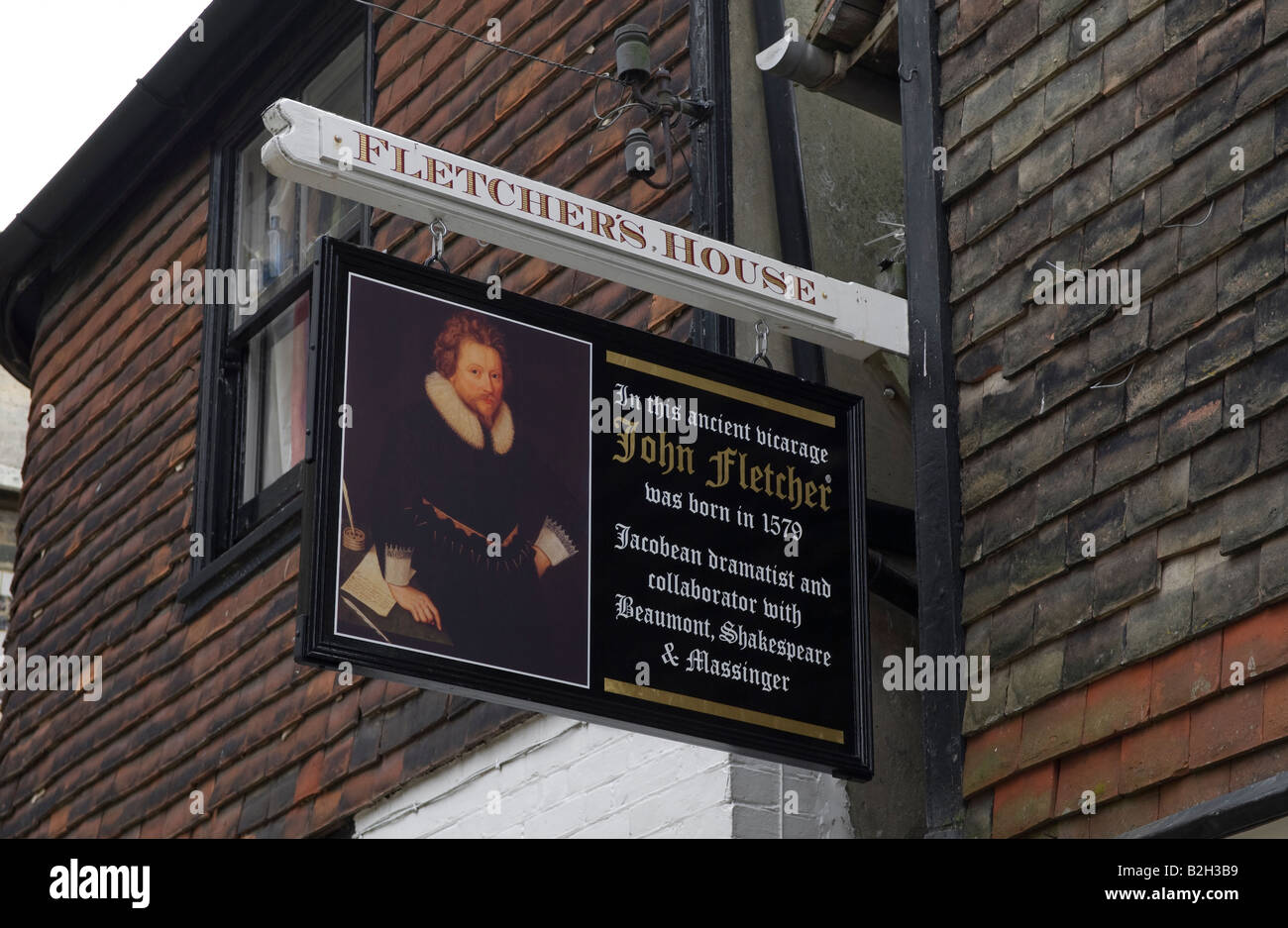 Marcatura di segno luogo di nascita del drammaturgo giacobino John Fletcher in Rye in East Sussex Foto Stock